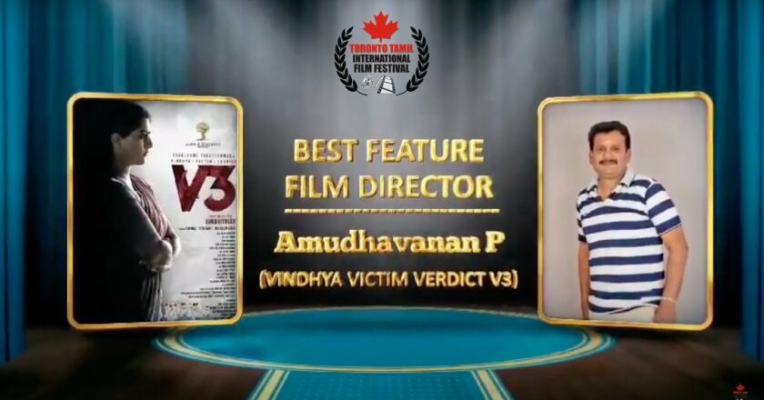 Director Amudhavanan bags Best Director Award for Vindhya Victim Verdict V3 at Toronto Tamil International Film Festival, Canada. 