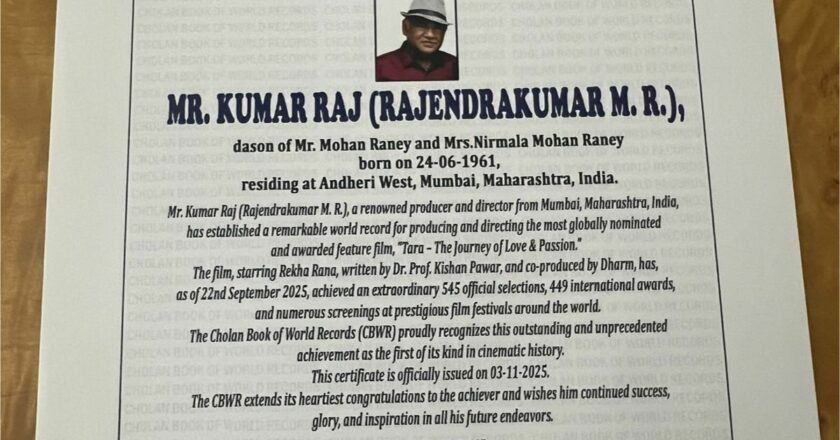 Kumar Raj Enters Cholan Book of World Records for Extraordinary Global Cinematic Triumph